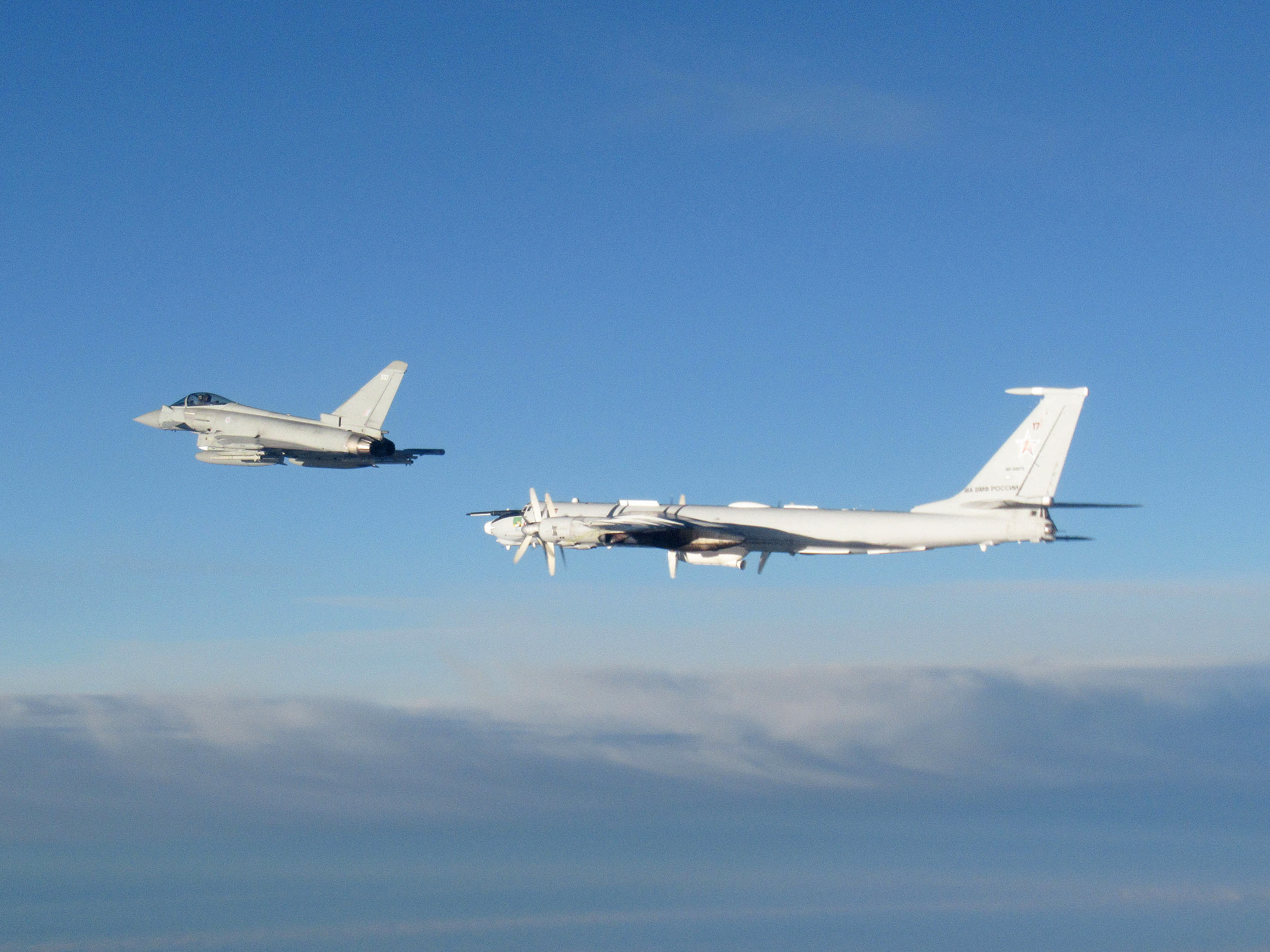 British RAF Typhoon jets intercept Russian long-range maritime patrol bombers flying north of Scotland. 