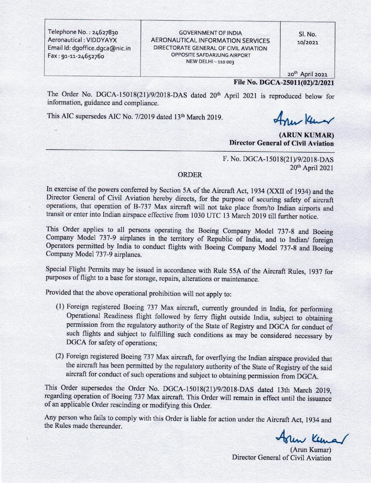 Just in - Vide  AIC 10  of  2021 -  Indian Govt.  allows  B737MAX  overflight  Operations but  not within  Indian airspace !